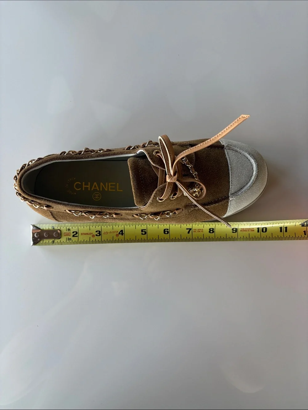 CHANEL Brown Suede & White Toe Cap Lace-Up Shoes with Chain Trim